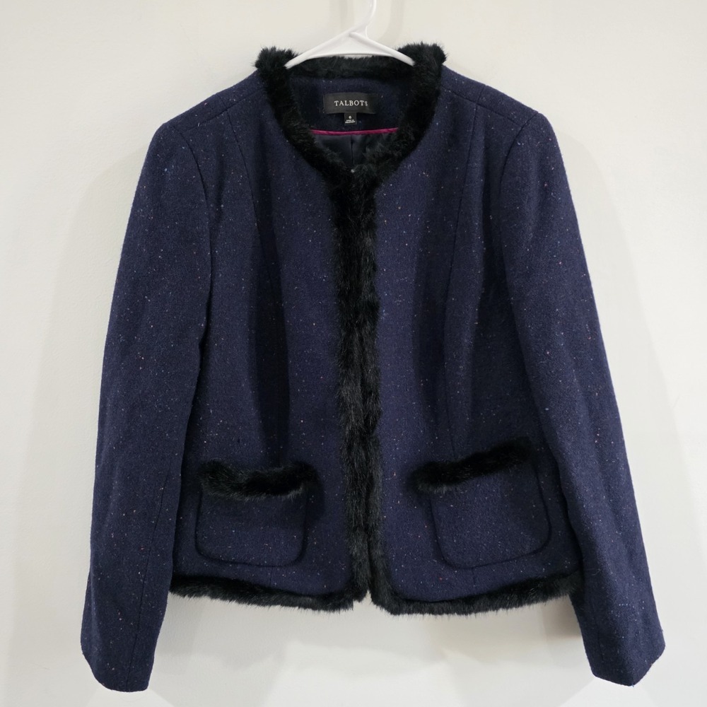 Talbots Womens Faux Fur Trum Jacket 6 Tweed‎ Navy Blue Coat Regency Old Money